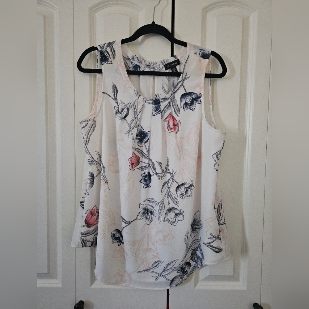 Le Chateau Floral Sleeveless Blouse - Cream & Blue Sz XL